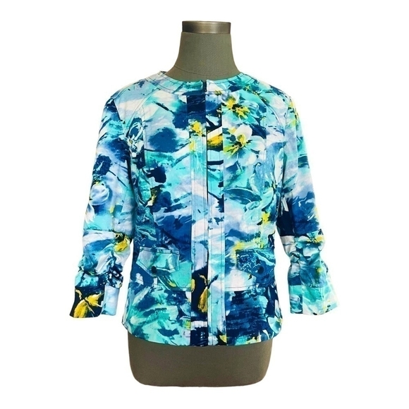 COLDWATER Floral Multicolored Zip Front Jacket Spring 3/4 Sleeve Cotton Blazer - Picture 2 of 7